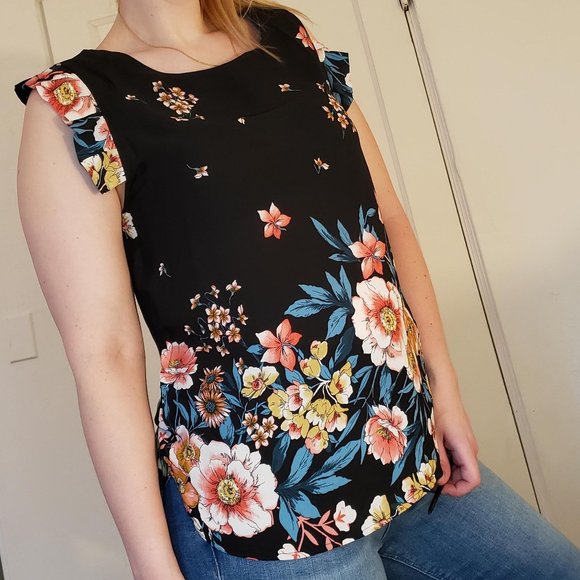 Sweet Rain Tops - Sweet Rain Floral Ruffle Sleeve Sheer Top